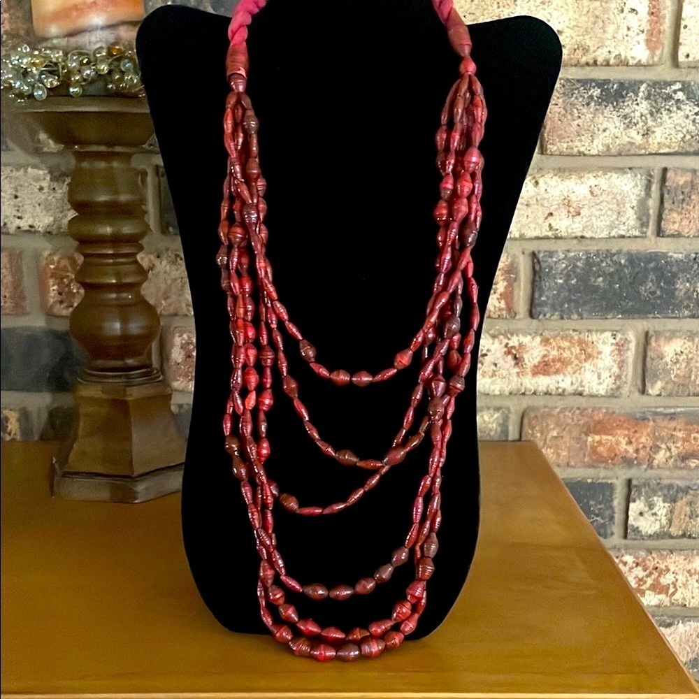 Vintage Red 6 Strand Paper beads ethnic statement necklace